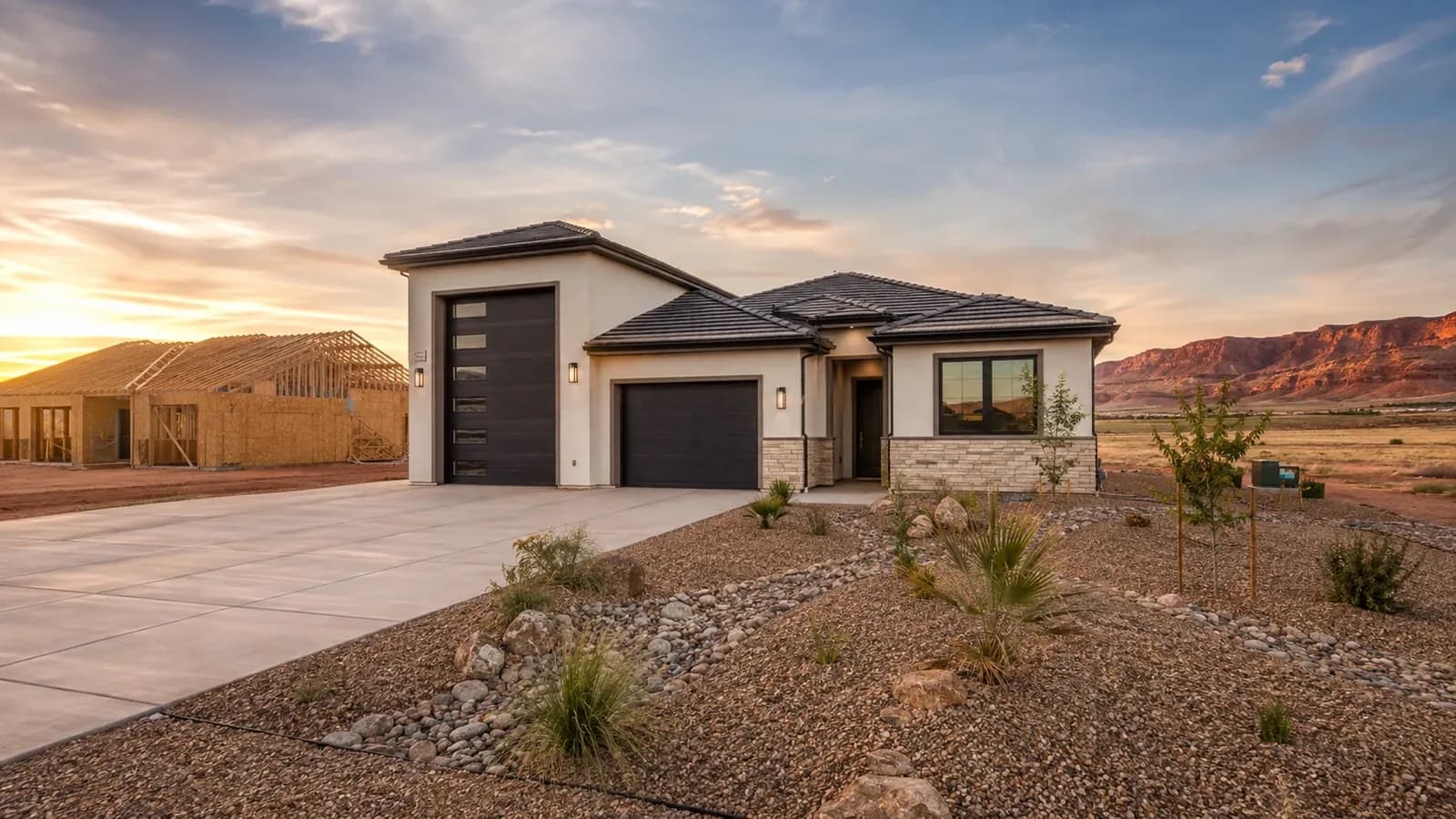New home with a tall RV garage in Washington Fields, Utah beside a house under construction, red rock behind